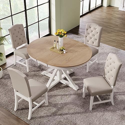LUMISOL 5-Piece Solid Wood Dining Table Set for 4, Farmhouse Extendable Round Kitchen Table Set with 4 Upholstered Chairs for Kitchen, Dining Room, Living Room, Oak Natural Wood + Off White