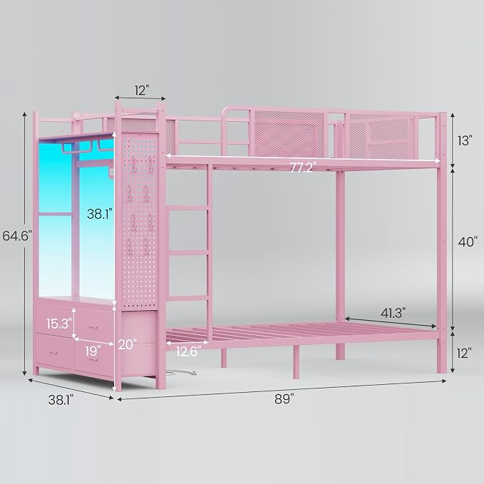 Itaar Metal Bunk Bed Twin Over Twin with Hall Tree, Power Outlet, LED Bunk Bed with 4 Storage Drawers, Bed with 13‘’ Safety Guardrail & Ladders for Kids and Teen, 400lb Weight Capacity, Pink