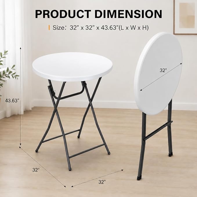 Folding Height Cocktail Table with Metal Legs 32'' Round Top for Small Spaces Bar Wedding Party Indoor Outdoor Use, White