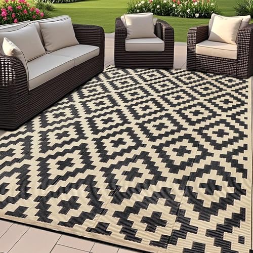 SAND MINE Reversible Mats, Plastic Straw Rug, Modern Area Rug, Large Floor Mat and Rug for Outdoors, RV, Patio, Backyard, Deck, Picnic, Beach, Trailer, Camping, Black & Beige, 6' x 9'
