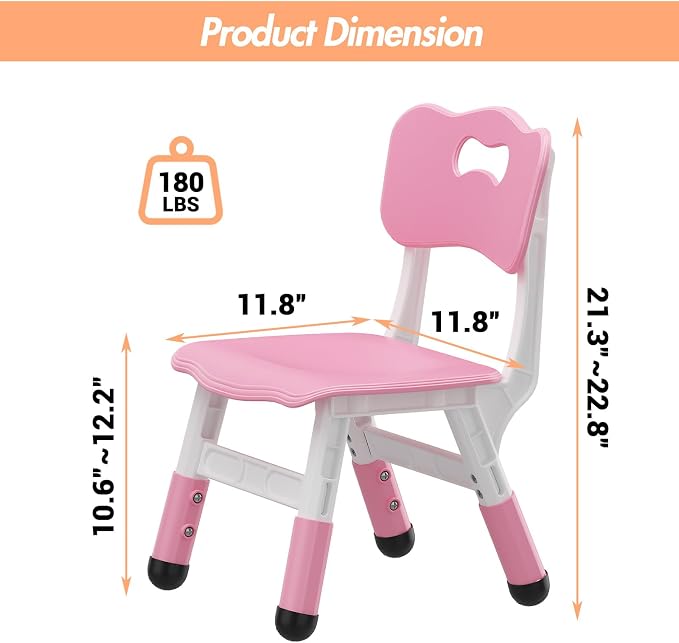 2-Pack Adjustable Kids Chairs, 3-Level Height Plastic Toddler Chair with Non-Slip Base & Stackable Design, for Home School Classroom Daycare Indoor Outdoor Use, Ages 2-8,Pink