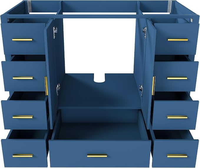 Montary 42" Modern Bathroom Vanity Base Cabinet, Solid Wood Construction | Soft-Close Double Doors & 9 Full-Extension Drawers(Basin & Top Not Included),Blue