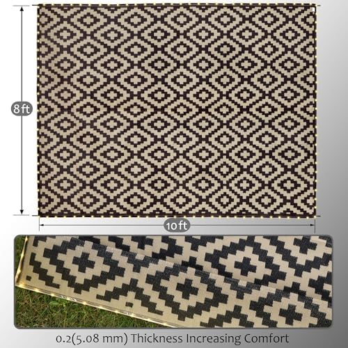 SAND MINE Reversible Mats with Led Strip Lights, Plastic Straw Rug, Modern Area Rug, Large Floor Mat for Outdoors, Patio, Backyard, Deck, Picnic, Camping, Black & Beige, 8' x 10'