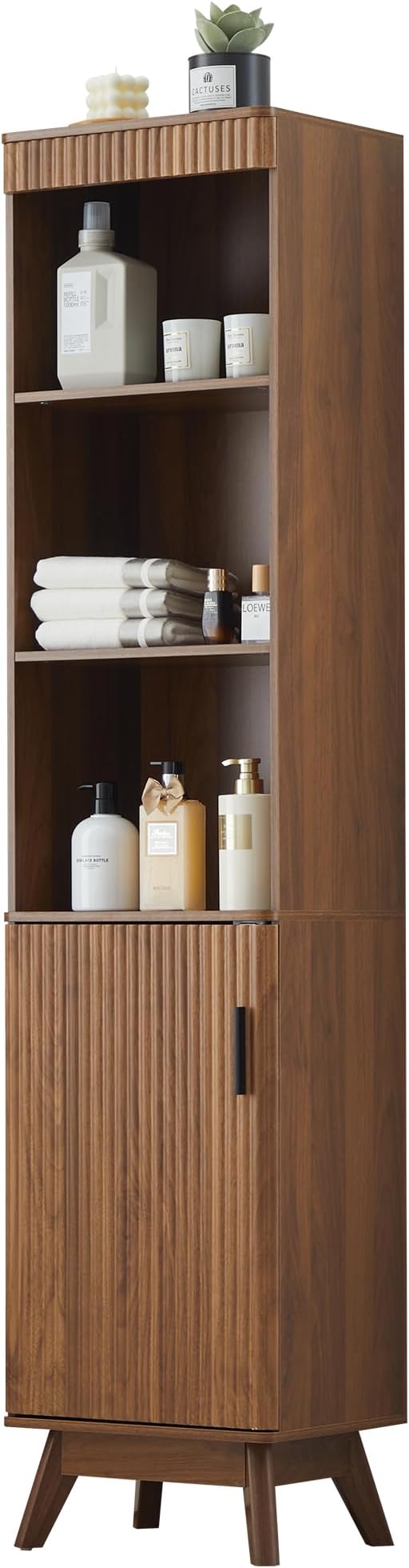 Bifins 68" Tall Walnut Bathroom Storage Cabinet,15.7" Width | Narrow,Fluted Door,Adjustable Shelf,5 Tier,Next to Toilet,Next to TV Stand,Laundry Storage,Space Saving,Tower Storage