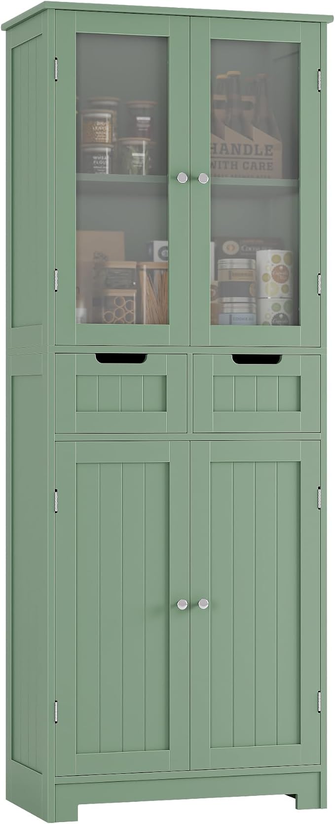 HORSTORS 67" H Bathroom Storage Cabinet, Green Linen Cabinet with Drawers | Freestanding Bathroom Cabinet with Glass Door & Shelf, Modern Tall Storage Cabinet for Bathroom, Living Dining Room, Kitchen