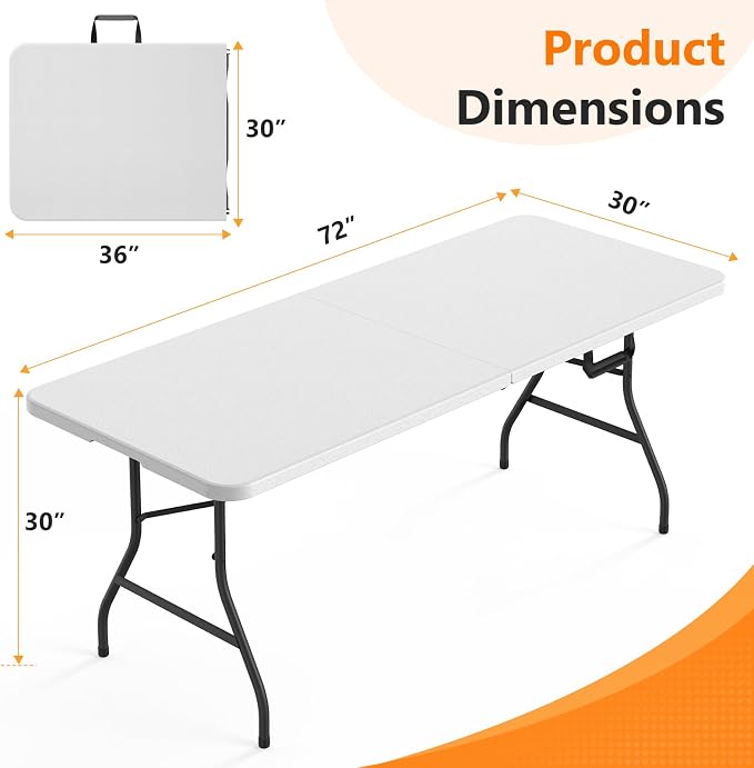 6 Foot Folding Table, Fold-in-Half Utility Table with Carrying Handle, 6FT Heavy Duty Portable Table for Party, Wedding, Picnic, Camping, Indoor & Outdoor, White