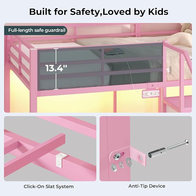ADORNEVE Triple Bunk Bed Twin Over Twin with Storage Staircase, Pink