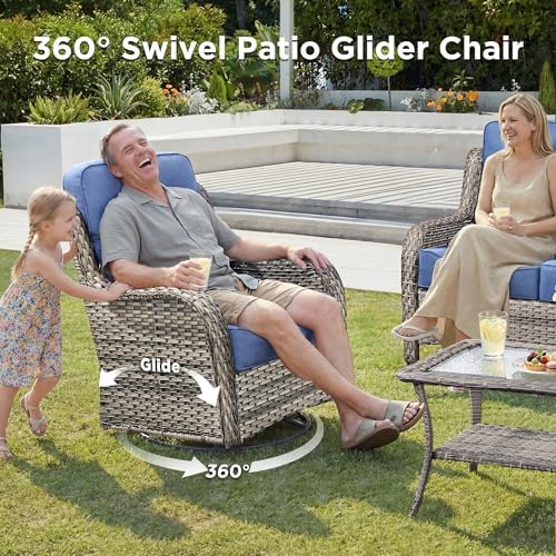 Luxury Patio Furniture Set with Fire Pit Table-8 Pieces All Weather Outdoor Swivel Rocker Chairs with Sofa and Ottomans. Outdoors Patio Conversation Sets for Porch Deck Garden Backyard(Grey/Blue)