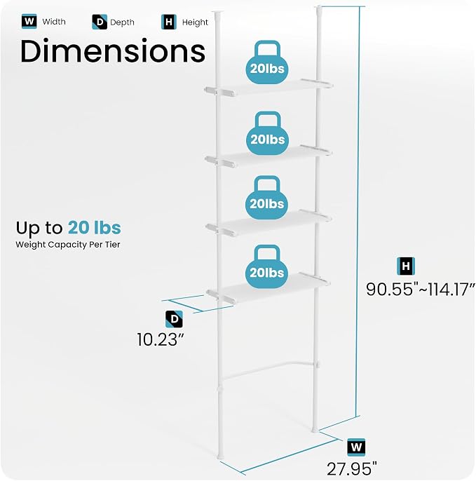 Home Zone Living Over-the-Toilet Organizer Bathroom Storage Organizer | Tension-Mounted Design with Adjustable 4-Tier Shelves, for Ceilings 91" to 114" High, White