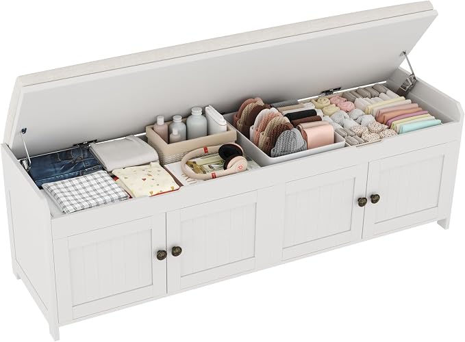 HOMEFORT 54.4" Shoe Bench with Lift Top Storage, Entryway Bench with Cushioned Seat, Wooden End of Bed Bench, Shoe Cabinet Bench with Hidden Storage Space, for Bedroom, Hallway,White