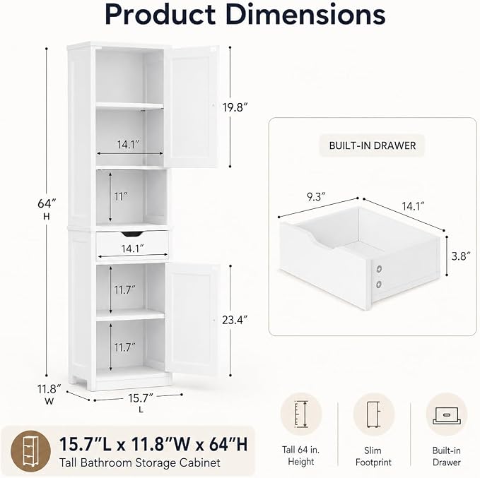 Walsunny Tall Bathroom Storage Cabinet with 6 Adjustable Shelves, White | Anti-Tip Safety, Waterproof MDF, 2 Doors + 1 Drawer, Easy Assembly, for Bathroom/Living Room/Kitchen