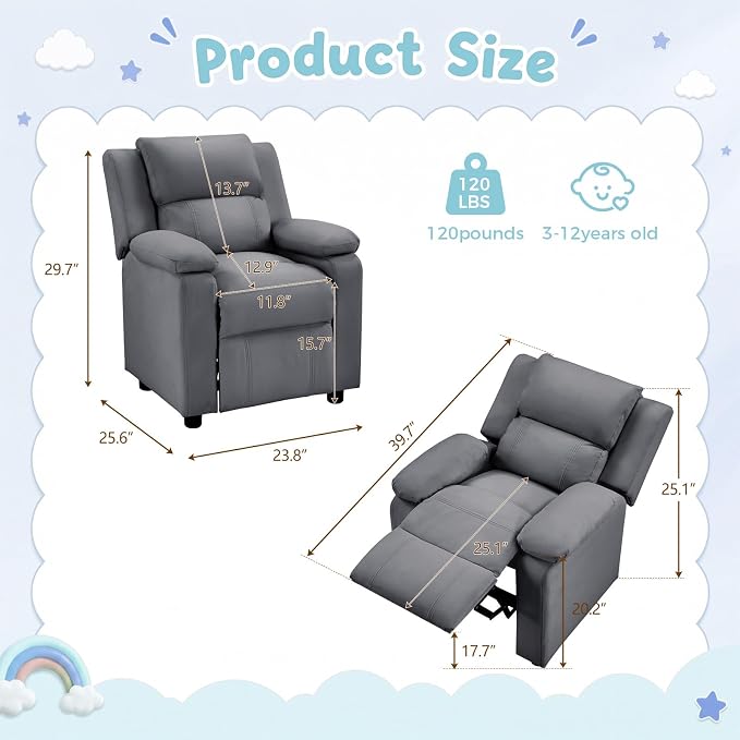 CANMOV Kids Push Back Recliner Chair, Gray Faux Leather Toddler Sofa.