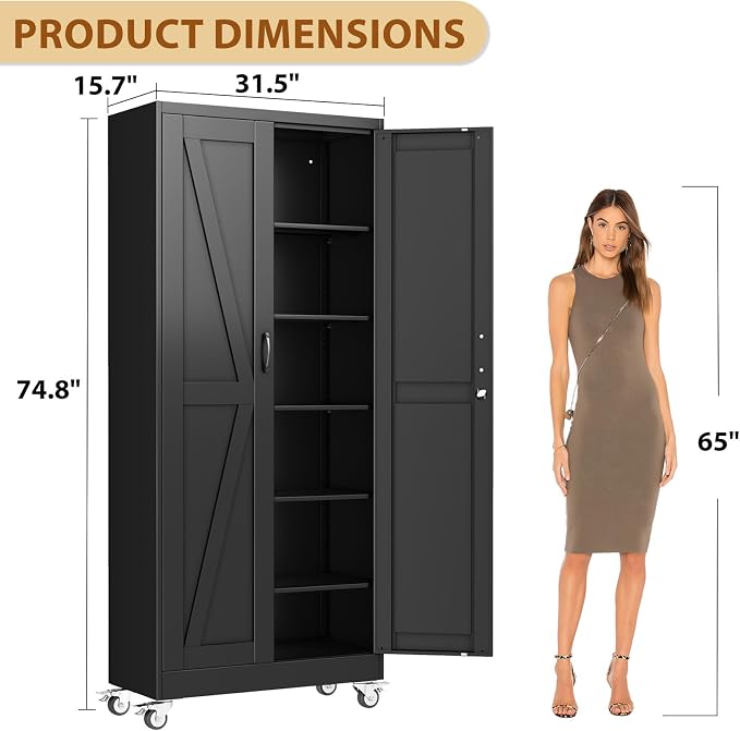 75" Metal Garage Storage Locker Cabinet with Wheels,Rolling Black Farmhouse Kitchen Pantry Cabinet with 2 Doors and 5 Adjustable Shelves, Steel File Tool Cabinet for Home Office Warehouse