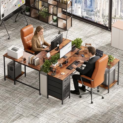 Korfile 59 inch L Shaped Computer Desk with Power Outlets, Rustic Brown