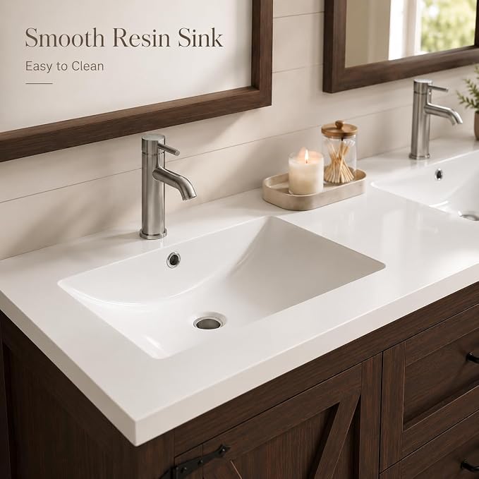 Cushore Double Sink Bathroom Vanity, 60 Inch Bathroom Vanity Double Sink with 2 Farmhouse Barn Doors & 3 Drawers, Dual Rounded Basins, Bathroom Vanity Sink Cabinet, Rustic Brown