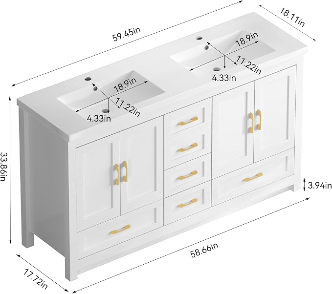 LUMISOL 60 Inch Double Sink Bathroom Vanity, Wooden Freestanding Bathroom Vanity with Soft-Closing Doors and 4 Storage Drawers, 60” Bathroom Cabinet with Resin Sink, White