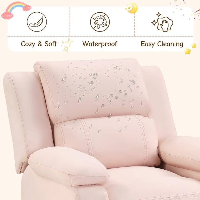 CANMOV Kids Push Back Recliner Chair, Pink Faux Leather Toddler Sofa.