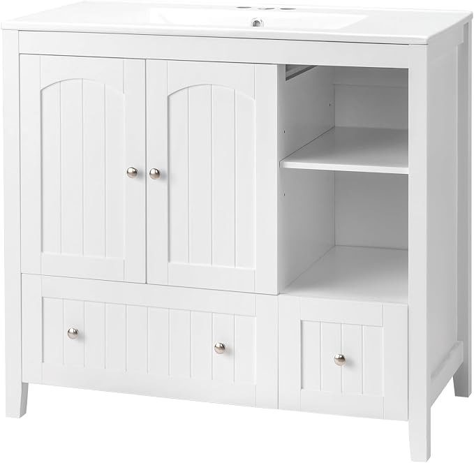 VINGLI 36" Modern Bathroom Vanity with Ceramic Sink, White Bathroom Vanity Cabinet w/2 Stripe Doors & 2 Drawers, Bathroom Sink Cabinet Combo, Floor Storage Cupboard w/Open Shelf for Bathroom
