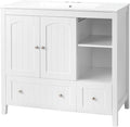 VINGLI 36" Modern Bathroom Vanity with Ceramic Sink, White Bathroom Vanity Cabinet w/2 Stripe Doors & 2 Drawers, Bathroom Sink Cabinet Combo, Floor Storage Cupboard w/Open Shelf for Bathroom