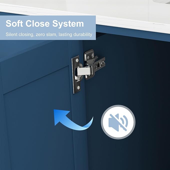 Montary 48" Bathroom Vanity with Sink & 49" Carrara Quartz Top | with 3 Pre-Drilled Faucet Holes, Solid Wood Cabinet, Soft-Close Double Doors & 9 Smooth-Glide Drawers,Blue