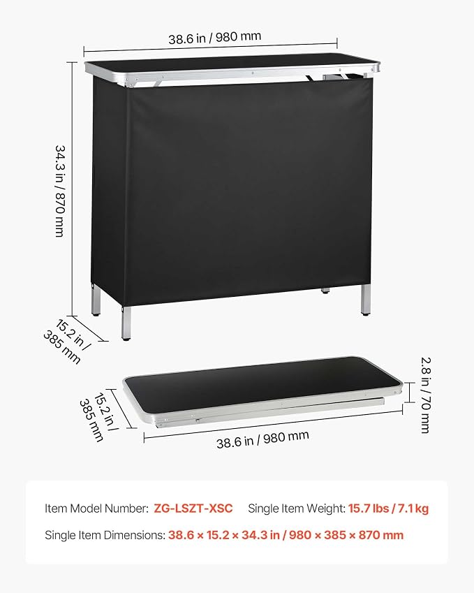 VEVOR Folding Portable Bar Table, 38.6 x 15.2 x 34.3 in, with Carry Bag, Storage Shelf, and Detachable Skirt, Quick and Easy Setup, Foldable Mobile Bartending Station for Events, Party, Tradeshow