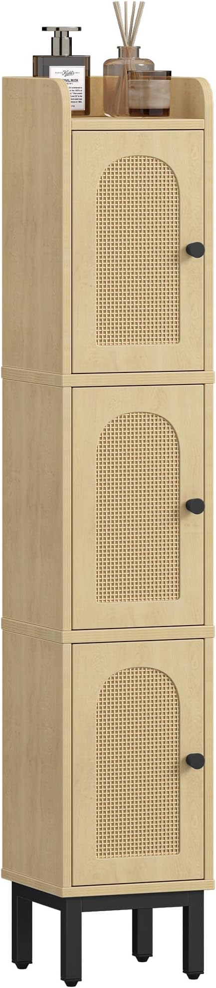 Hzuaneri Slim Bathroom Storage Cabinet, Narrow Bathroom Organizers,3 Doors | Narrow Storage Cabinet with 4 Adjustable Feet, Laundry Room Organization for Small Space, Kitchen,Living Room,Rattan Yellow