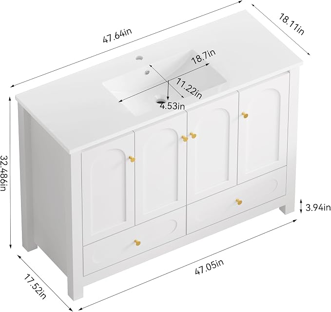 LUMISOL 48 Inch Bathroom Vanity with Sink, Freestanding Bathroom Vanity Cabinet with 4 Soft-Close Doors & 2 Drawers, Modern Painted Vanity with Single Resin Sink, White