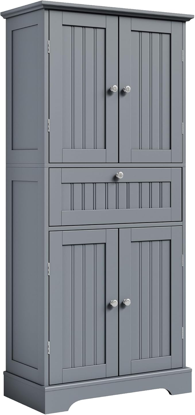 ChooChoo 51" H Bathroom Floor Cabinet with Drawers and Adjustable Shelves | Bathroom Storage Cabinet, Freestanding Kitchen Pantry Cupboard with 4 Doors for Living Room, Grey