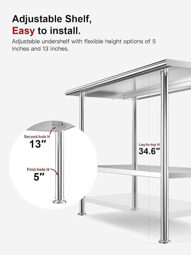 Atelicf NSF Stainless Steel Prep Table 30X48 inch, Rounded Flat Top