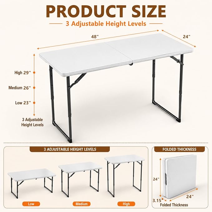 4 Foot Folding Table, Portable Fold-in-Half Utility Table [Adjustable Height with Carrying Handle][4FT Heavy Duty] for Party, Wedding, Picnic, Camping, Indoor & Outdoor, White