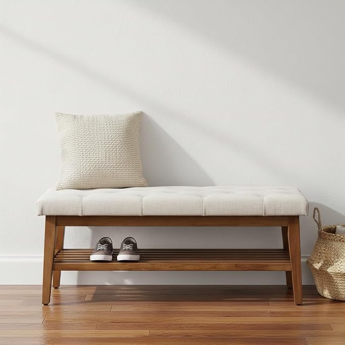 HUIMO Upholstered Entryway Shoe Bench, Button Tufted End of Bed Bench,Beige