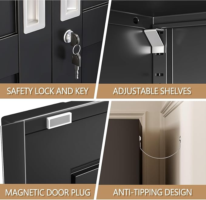 47" Metal Garage Storage Locker Cabinet with Wheels,Rolling Black Kitchen Pantry Cabinet with 2 Doors and 3 Adjustable Shelves, Steel File Tool Cabinet for Home Office Living Dinning Room Warehouse