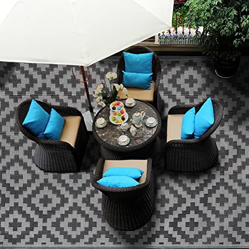SAND MINE Waterproof Outdoor Rug 6x9 ft, Plastic Reversible Rug, Modern Area Rug, Large Floor Mat for Outdoors, RV, Patio, Backyard, Deck, Picnic, Beach, Camping, Black Grey Lattice