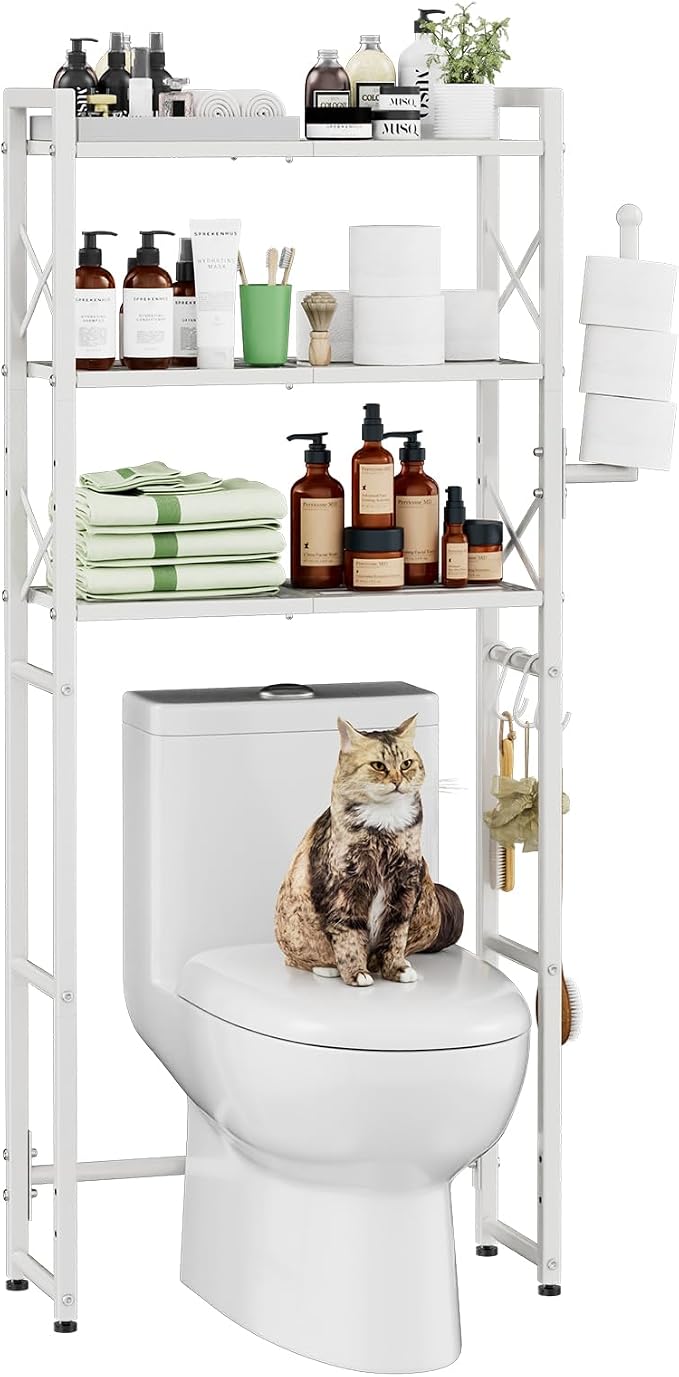 Simple Trending Over The Toilet Storage Rack with Toilet Paper Holder, Heavy Duty Metal 3 Tier Bathroom Organizer Shelf with 3 Hooks, White