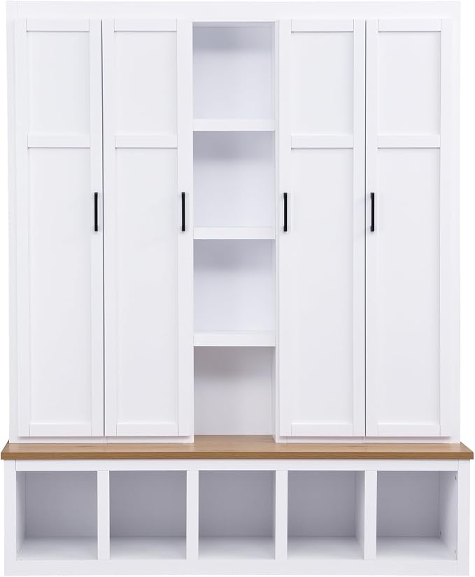 Merax Modern Farmhouse Hall Tree with Bench, 4-in-1 Entryway Storage Cabinet & Shoe Organizer with Hooks, White