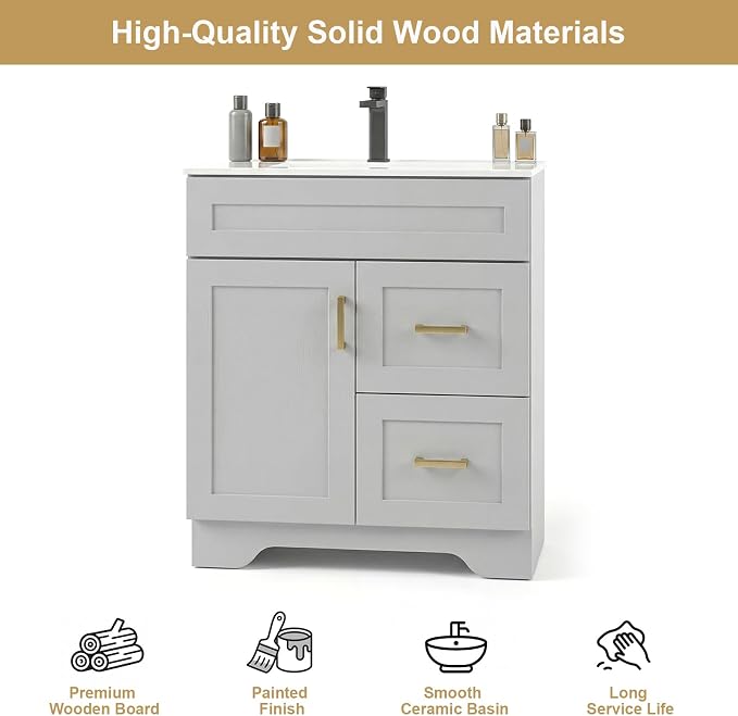 30 Inch Bathroom Vanity with Sink, Modern Shaker Bathroom Sink Cabinet with Soft-Close Door & 2 Drawers, Wood Freestanding Bathroom Storage Cabinet with Ceramic Basin, Grey