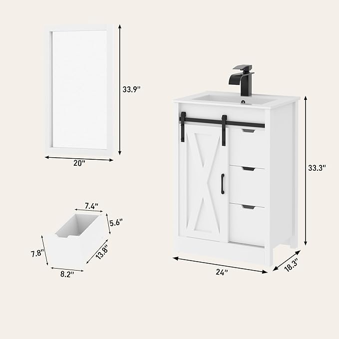 chartustriable 24 Inch Bathroom Vanity with Sink & Faucet & Mirror, Farmhouse Bathroom Vanity Cabinet Set with Sliding Barn Door & Drawers, Small Single Bath Storage Vanity Sink, White