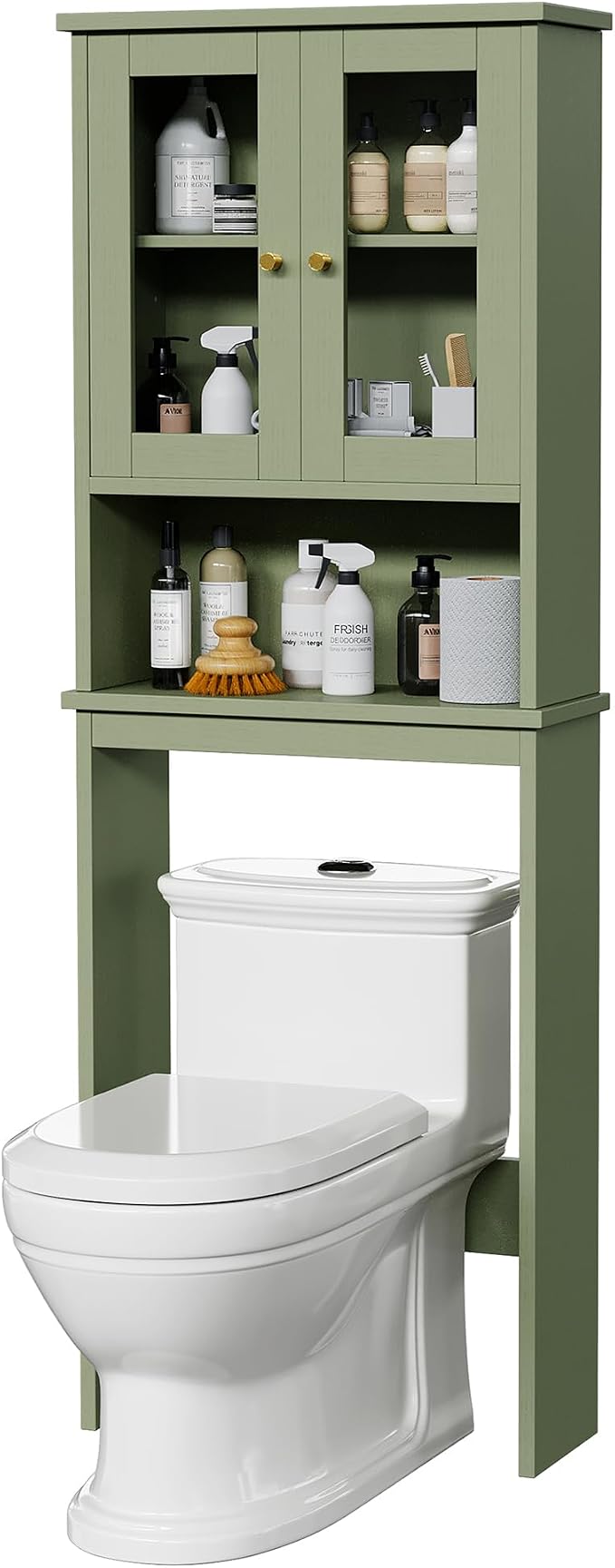 Over the Toilet Storage Cabinet for Bathroom, Storage Organizer Over Toilet, Space Saver with Tempered Glass Doors, Green