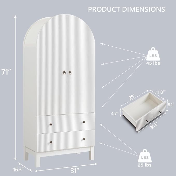 IFGET 71" Tall Arched Pantry Cabinet, Fluted Kitchen Storage Cabinet with Adjustable Shelves and 2 Large Drawers, Freestanding Morden Versatile Cupboard for Living Room, Bathroom, White