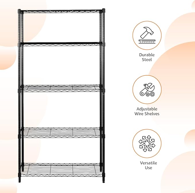 Amazon Basics 5-Shelf Adjustable Heavy Duty Steel Wire Storage Shelves for Garage, Kitchen, Easy Assembly, 36" x 14" x 72", Black