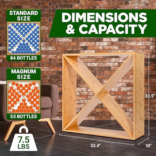 Nutrichef X Self Oversize Stackable Modular Wine Rack, Fits Up to 84 Standard Size Bottles Compatible and Stackable w/All Wine Racks - Bamboo Construction with Anti Moisture Protective Finish
