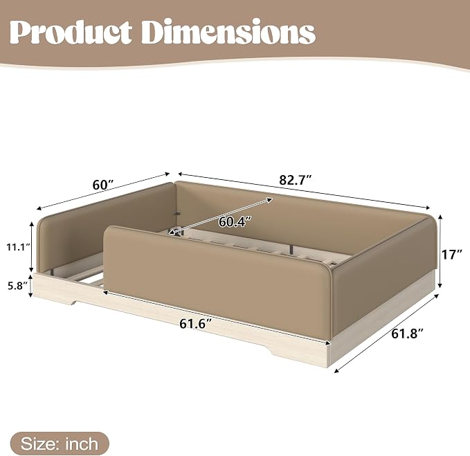 Bellemave Queen Upholstered Montessori Floor Bed Frame with Guardrail,Brown