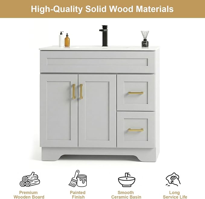 36 Inch Bathroom Vanity with Sink, Modern Wood Shaker Bathroom Vanity Cabinet with 2 Soft-Close Doors & 2 Drawers, Freestanding Bathroom Sink Storage Cabinet, Waterproof Painted Surface, Grey