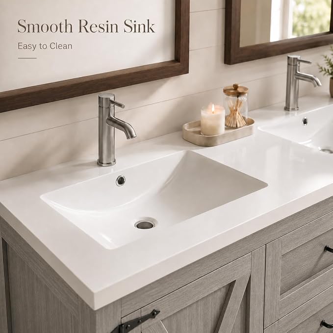 Cushore Double Sink Bathroom Vanity, 60 Inch Bathroom Vanity Double Sink with 2 Farmhouse Barn Doors & 3 Drawers, Dual Rounded Basins, Bathroom Vanity Sink Cabinet, Gray