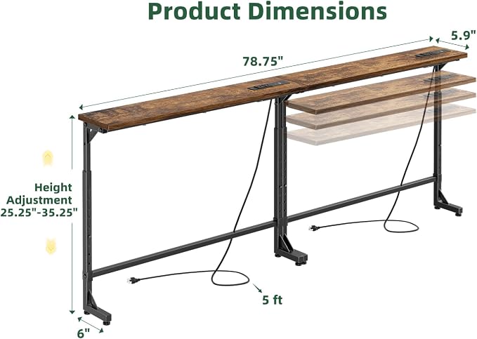 Simple Trending 78.75” Console Table, Narrow Behind Couch Table, Adjustable Sofa Tables with Outlet, for Living Room, Rustic Brown