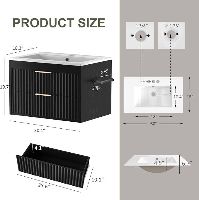 30 Inch Floating Bathroom Vanity with Sink & Towel Holder, Fluted Wall Mounted Vanity Cabinet, Modern Bathroom Combo with LED Light, Metal Handle & Double Soft-Closing Drawers, Black