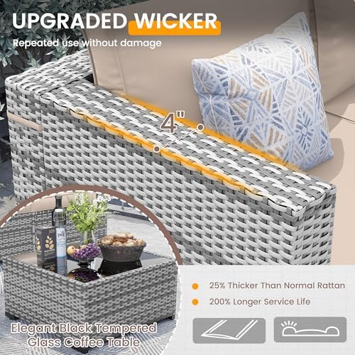UDPATIO Outdoor Patio Furniture Set 7 Pcs Wicker Sectional Sofa Beige