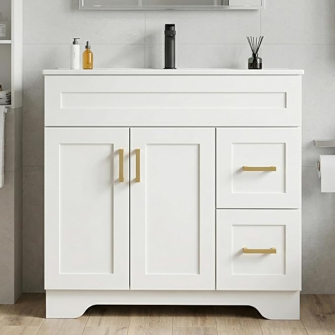 36 Inch Bathroom Vanity with Sink, Modern Wood Shaker Bathroom Vanity Cabinet with 2 Soft-Close Doors & 2 Drawers, Freestanding Bathroom Sink Storage Cabinet, Waterproof Painted Surface, White
