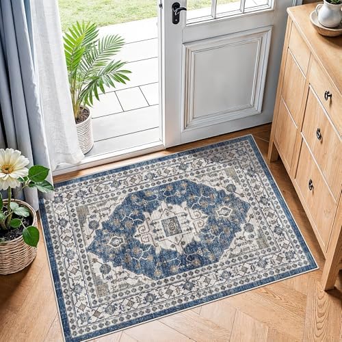 2x3 Washable Vintage Area Rug: Indoor Soft Entryway Rug with Non Slip Backing Water Resistant Carpet for Kitchen Bathroom Laundry Low Pile Door Mat Perfect for Homes with Cats & Dogs(2x3,Blue)
