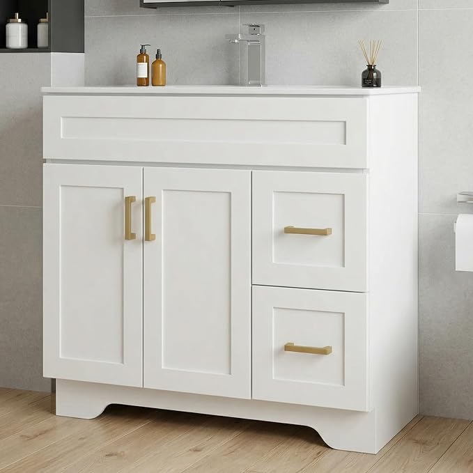 36 Inch Bathroom Vanity with Sink, Modern Wood Shaker Bathroom Vanity Cabinet with 2 Soft-Close Doors & 2 Drawers, Freestanding Bathroom Sink Storage Cabinet, Waterproof Painted Surface, White